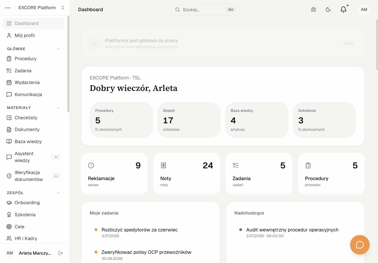 EXCORE TSL: dashboard, nagranie na żywo z produktu