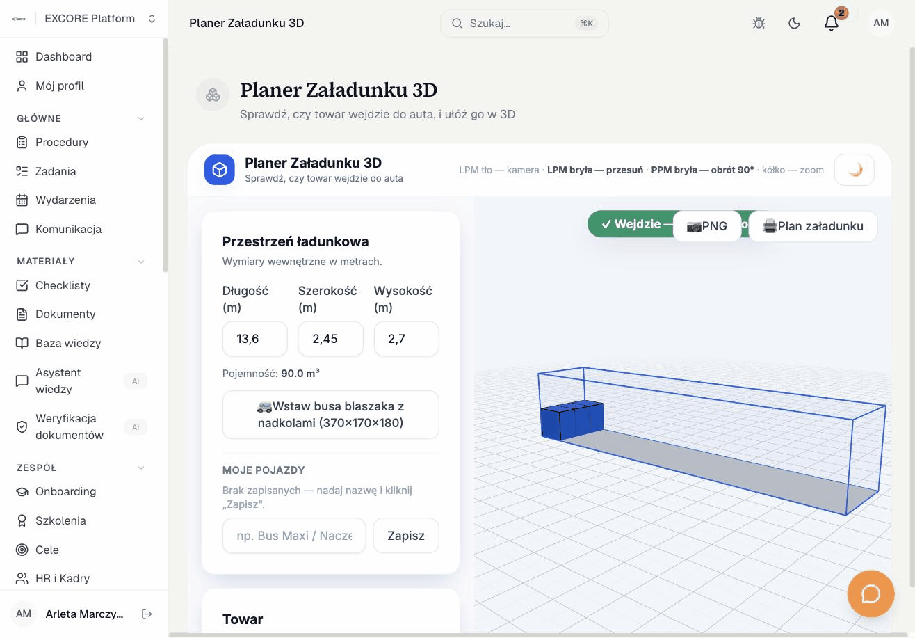 Planer załadunku 3D: sprawdź, czy towar wejdzie, zanim podstawisz auto, nagranie z produktu EXCORE